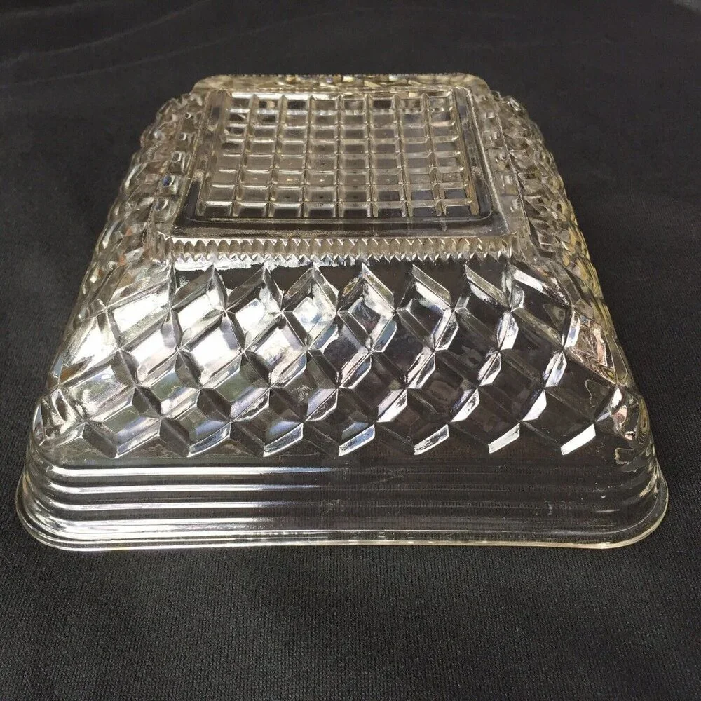 Vintage Clear Cut Glass Square Serving Bowl Dish Geometric Diamonds Retro Ornate